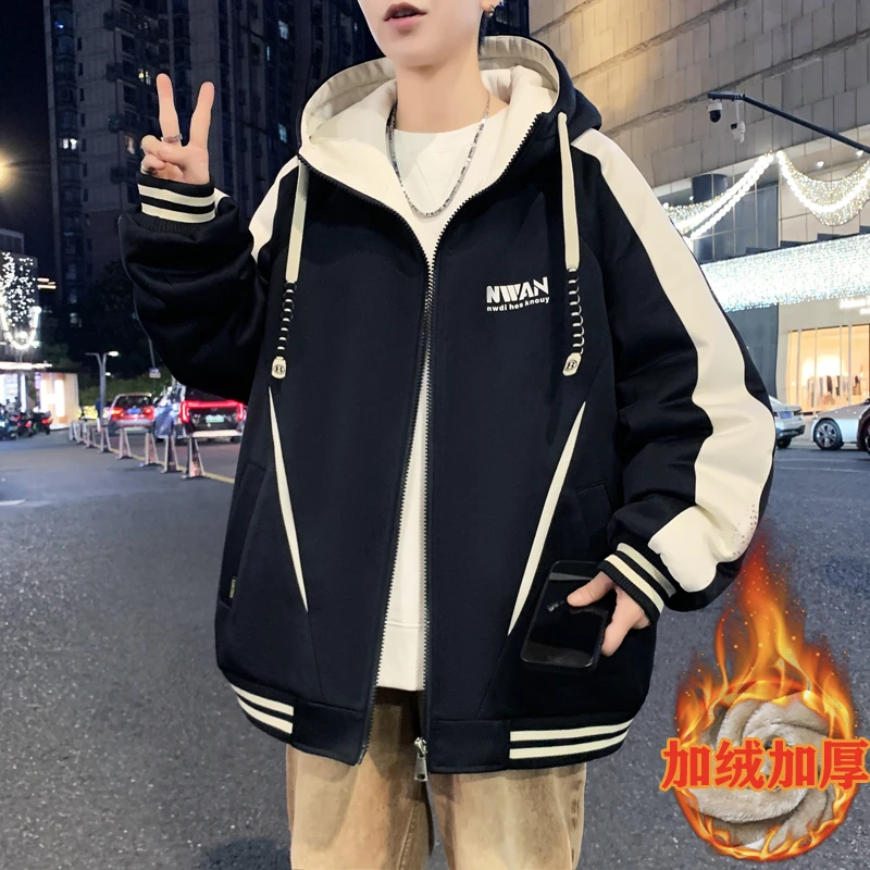 2025秋冬新款青少年加绒加厚夹克男生宽松港风潮流学生棒球服外套