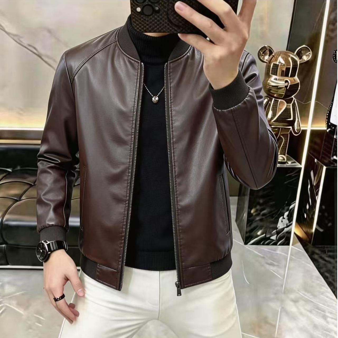 高档男士痞帅棒球领皮衣时尚潮流休闲百搭春秋季皮夹克外套6601