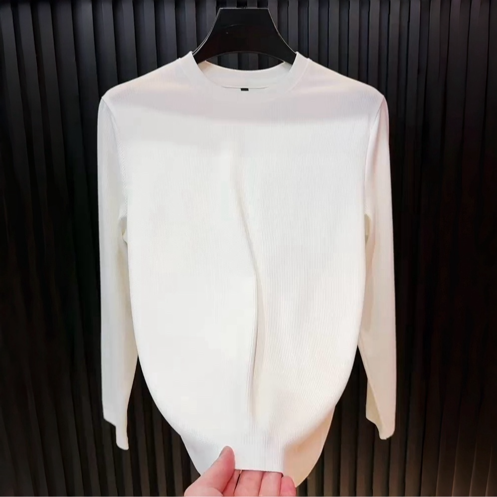 泡泡竖纹秋季男士长袖打底衫t恤宽松休闲高档纯色内搭黑白色上衣
