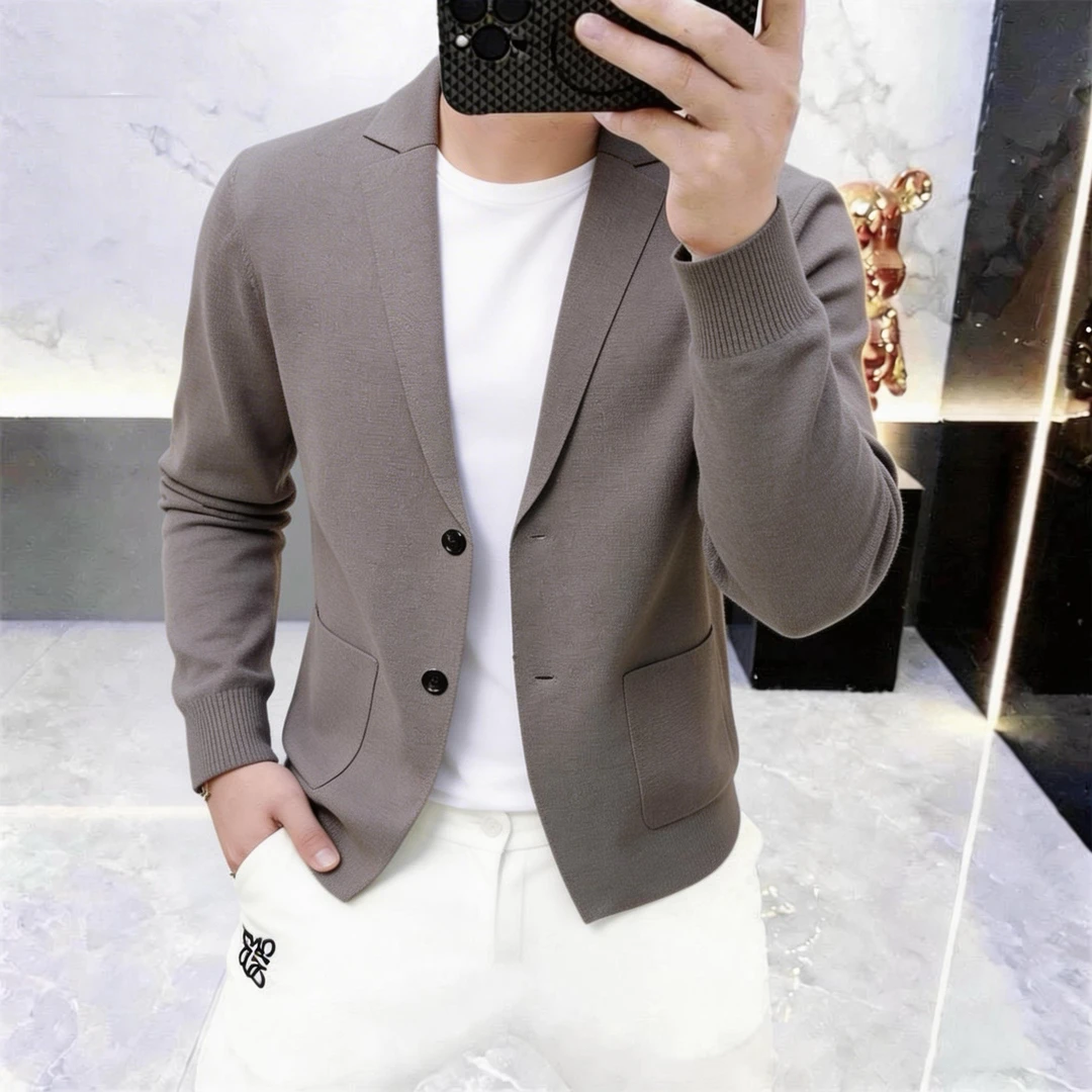 高档春秋新款男士休闲西装领针织开衫潮流百搭毛衣外套男装A001