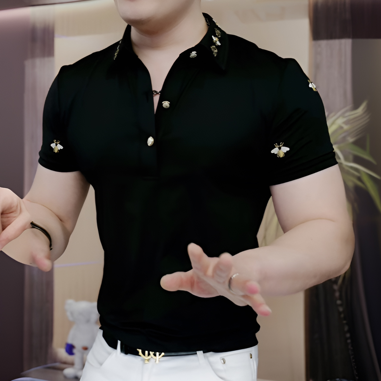 男士夏季休闲时尚短袖polo衫夏季薄款半开翻领卫衣刺绣蜜蜂百搭