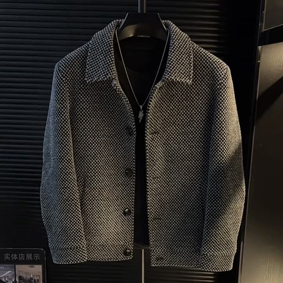 轻奢毛呢外套男短款翻领格子男士夹克韩版潮流男装