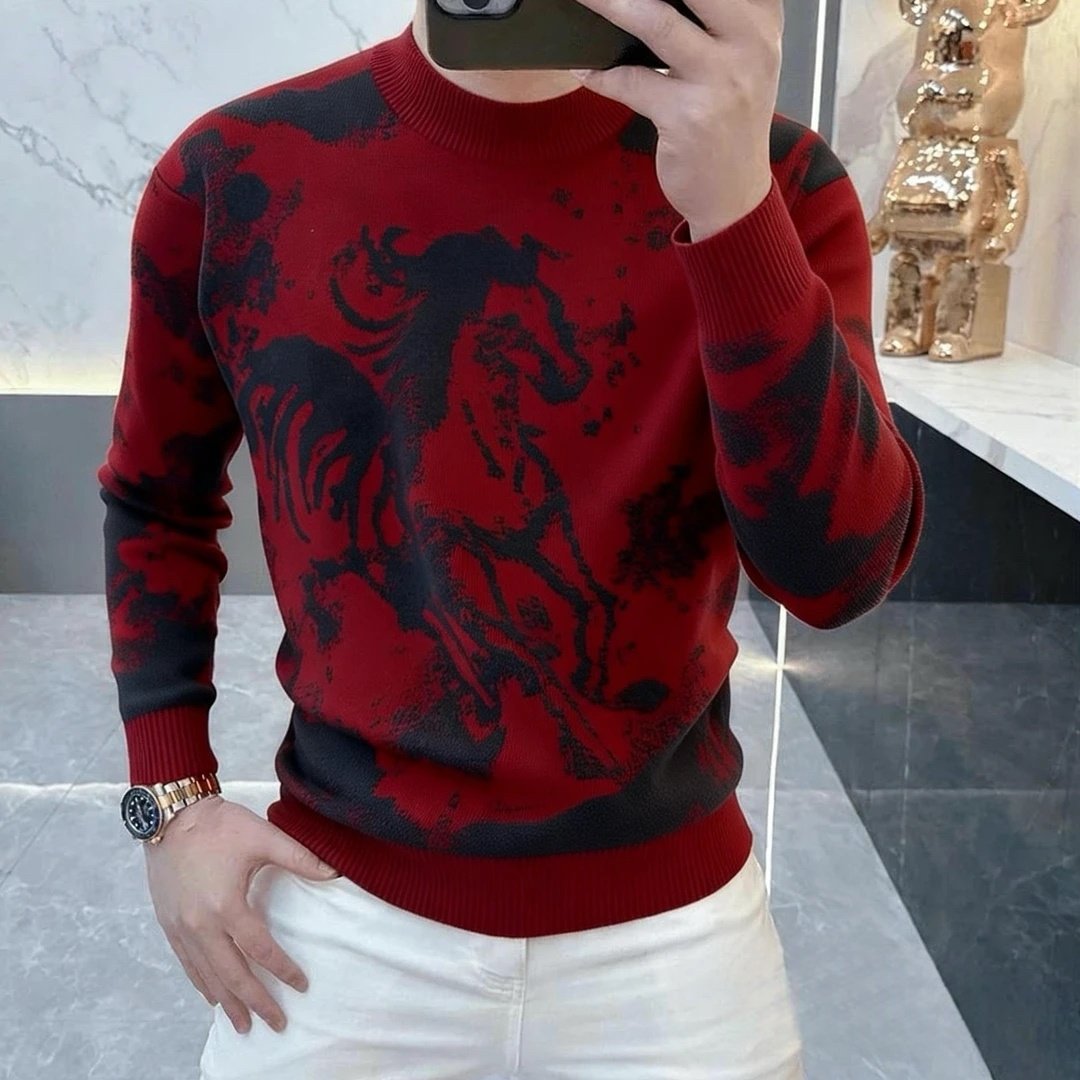高档圆领红色马年提花针织衫毛衣男士秋冬时尚保暖打底衫男装8871