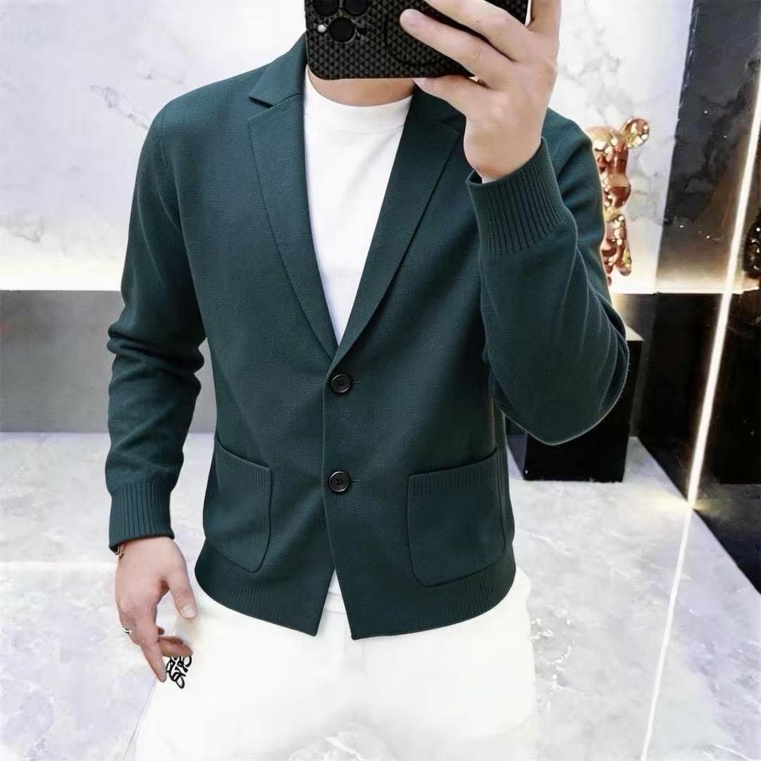 高档男士春秋新款西装领针织开衫时尚休闲潮流百搭毛衣外套男001