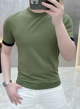 高档针织冰麻短袖T恤圆领男士冰丝时尚帅气半袖体恤轻奢男装25207