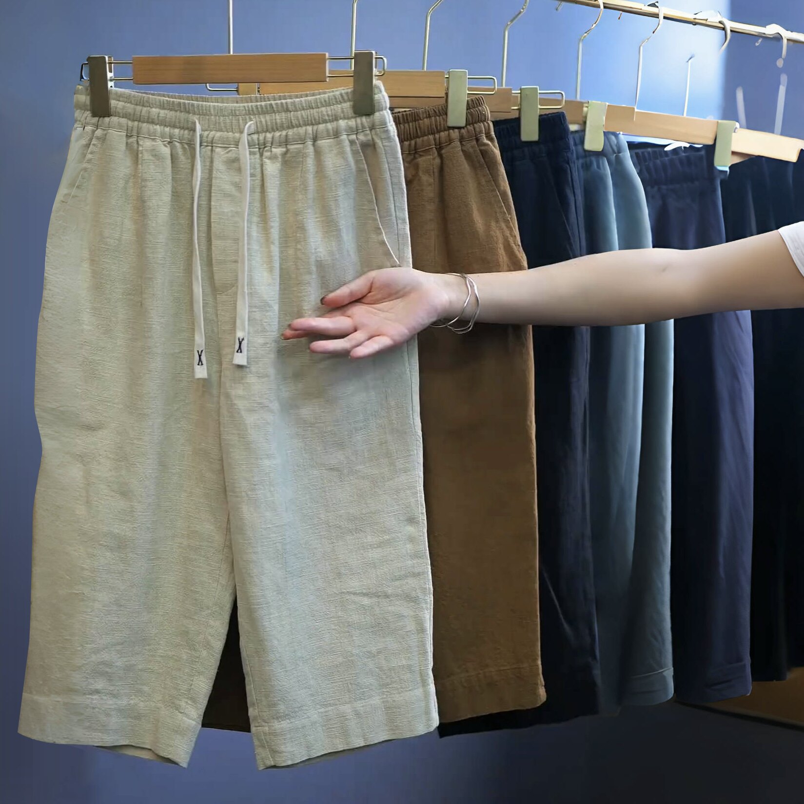 棉麻7七分裤男士夏季宽松薄款新中式直筒短裤大码纯色亚麻裤子潮