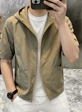 M夏季新款连帽褶皱短袖衬衫潮牌男士通勤休闲宽松山系上衣S322