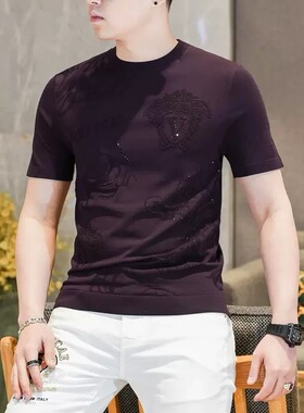 2025春夏新品贵气紫色专机提花帅气短袖t恤衫修身上衣潮男