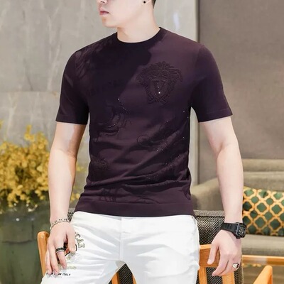2025春夏新品贵气紫色专机提花帅气短袖t恤衫修身上衣潮男