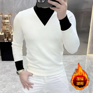 高档半高领加绒加厚卫衣男士秋冬时尚保暖长袖打底衫体恤男装8881
