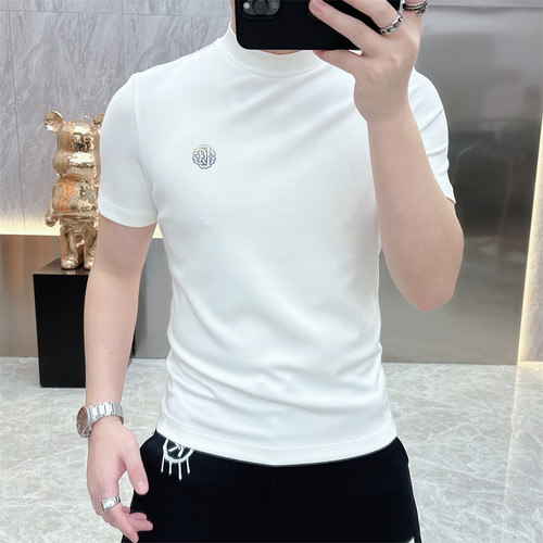 2025欧货轻奢男士针织冰丝短袖T恤纯色时尚百搭夏季半袖上衣007