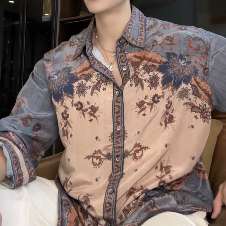 2026男装新款高贵轻奢美式复古拼色花卉印花长袖衬衫百搭时尚衬衣