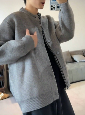 时尚格拼接男士针织开衫休闲通勤毛衣外套86337