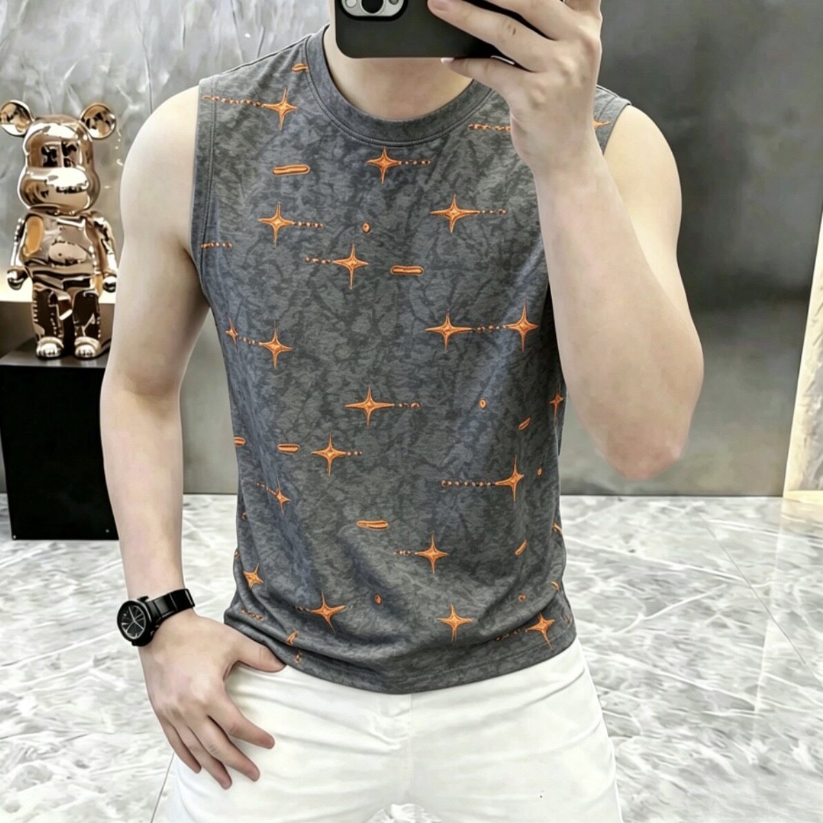 M夏季男士无袖双拼色背心潮流风坎肩透气宽松百搭T恤上衣889