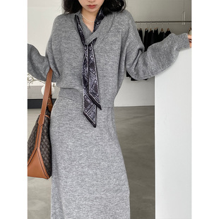 韩系温柔软糯配丝巾套头短款毛衣女+针织半身裙两件套装N823