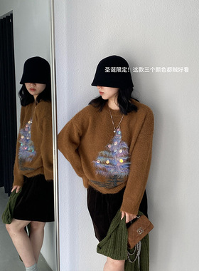圣诞限定 慵懒风亮片圣诞树软糯毛衣女冬小个子上衣 J8927