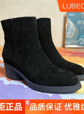 路贝佳短靴时装靴黑色女靴子粗高跟2025冬款圆头侧拉链L24978F-37