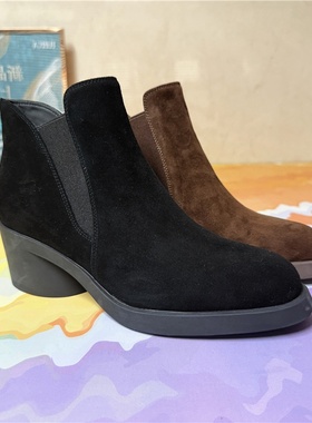 路贝佳短靴切尔西靴反绒面粗高跟2025冬新款圆头女靴子L24978F-02