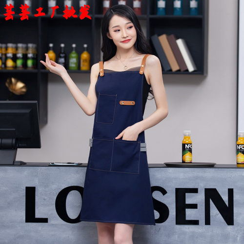 定制挂脖背带交叉围裙奶茶水果店超市服务员工作服长围腰印字LOGO