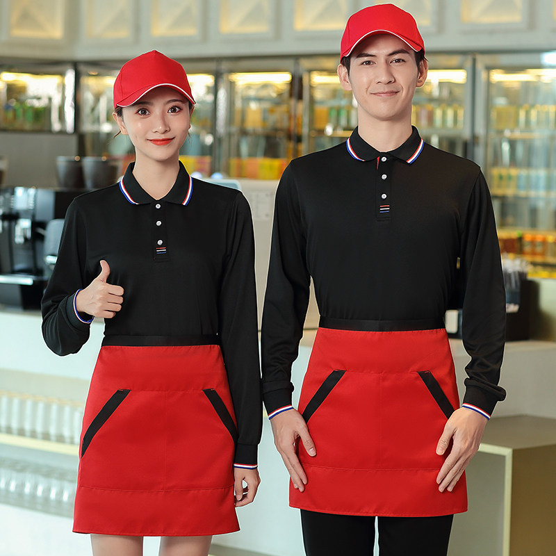 餐厅服务员工作服秋冬套装长袖 汉堡奶茶小吃外卖烧烤饭店T恤制服