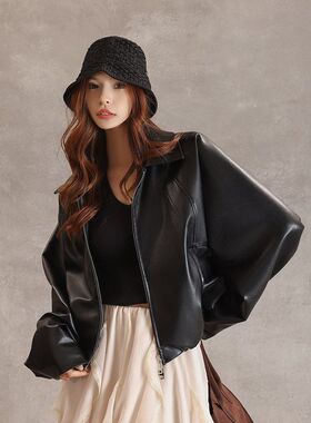 云上短MD5223花苞皮短款时尚PU粉色休闲外套简约上衣韩版夹克黑色