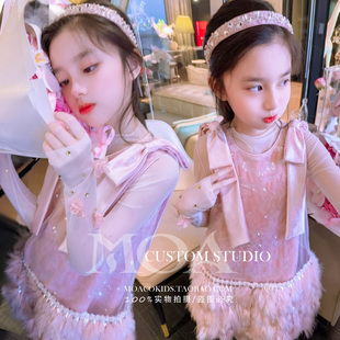 高级感女童连衣裙秋冬季2025新款粉色羽毛背心裙子儿童生日公主裙