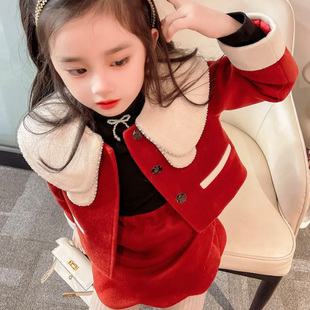 红色拜年服女童套装裙冬季加绒加厚洋气公主毛呢外套冬裙子两件套