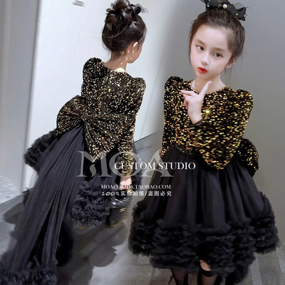 高端女童连衣裙秋冬季加绒洋气丝绒蓬蓬纱裙子儿童公主裙生日礼服