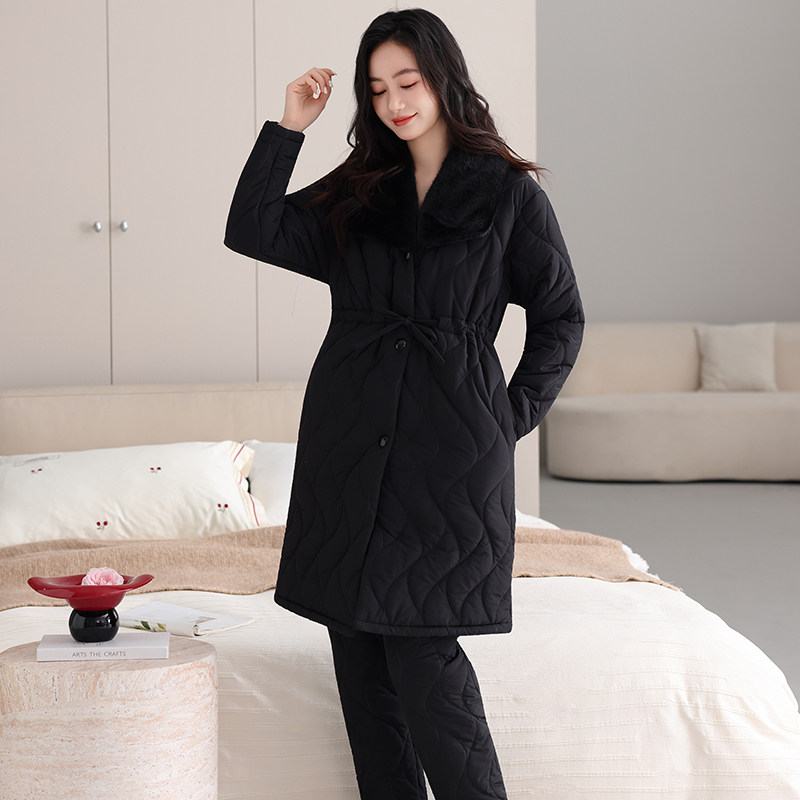 中长款羽绒夹棉睡衣女士2025冬季三层加绒加厚防风保暖家居服套装