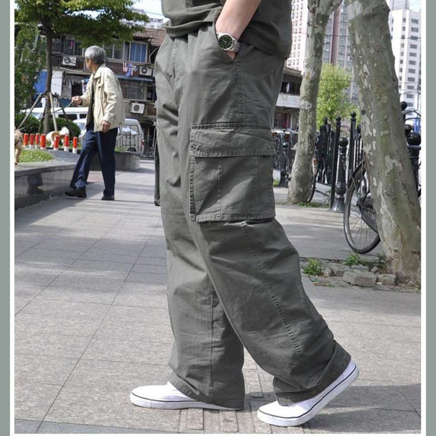 男装加肥加大码工装裤肥佬休闲裤运动裤胖子200300斤多口袋薄款男 - 实物图