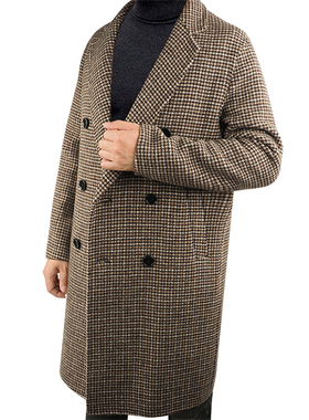 千鸟格呢子大衣男中长款毛呢外套韩版修身双排扣西装领男装风衣