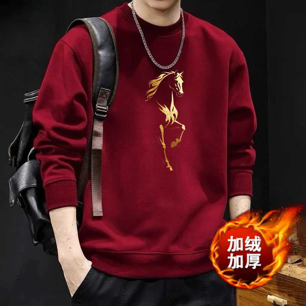 红色本命年印花卫衣男士秋冬2026新款潮流中国风马年时尚百搭上衣