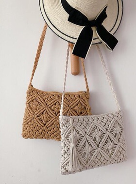代贴单）棉绳流苏手工编织包两用斜跨手拿单肩草编包女包沙滩包