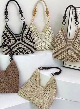 跨境手工钩织编织单肩包法式镂空腋下女包海边度假休闲沙滩草编包