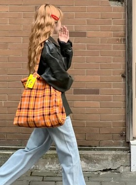 2023新款复古橙色条纹托特包简约大容量通勤单肩包腋下包手提包