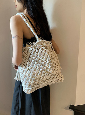 复古手工编织包流苏配饰渔网兜夏日度假沙滩女包手提网袋