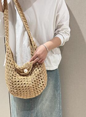 春季新款简约编织包大容量复古手提包百搭女士菜篮子单肩斜挎包