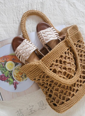 新款草编包沙滩包手提纯色棉线手钩编织包潮女森系文艺范海边度假
