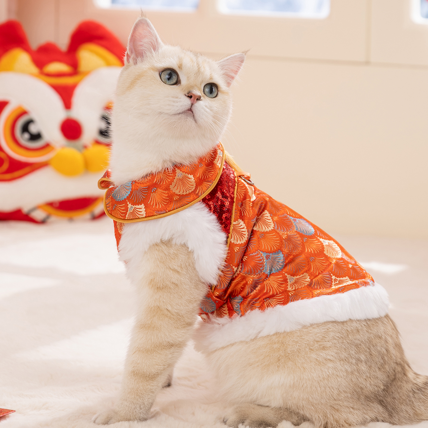 猫咪衣服秋冬蒲扇刺绣新年牵引唐装棉衣喜庆过年中小型宠物猫衣服