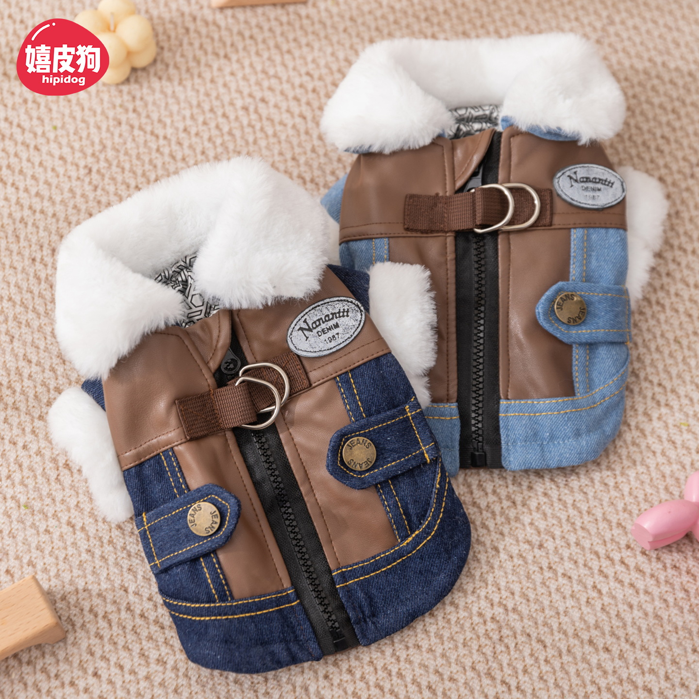 狗狗衣服秋冬季牛仔机车棉衣小型犬比熊泰迪猫咪加厚保暖宠物冬装