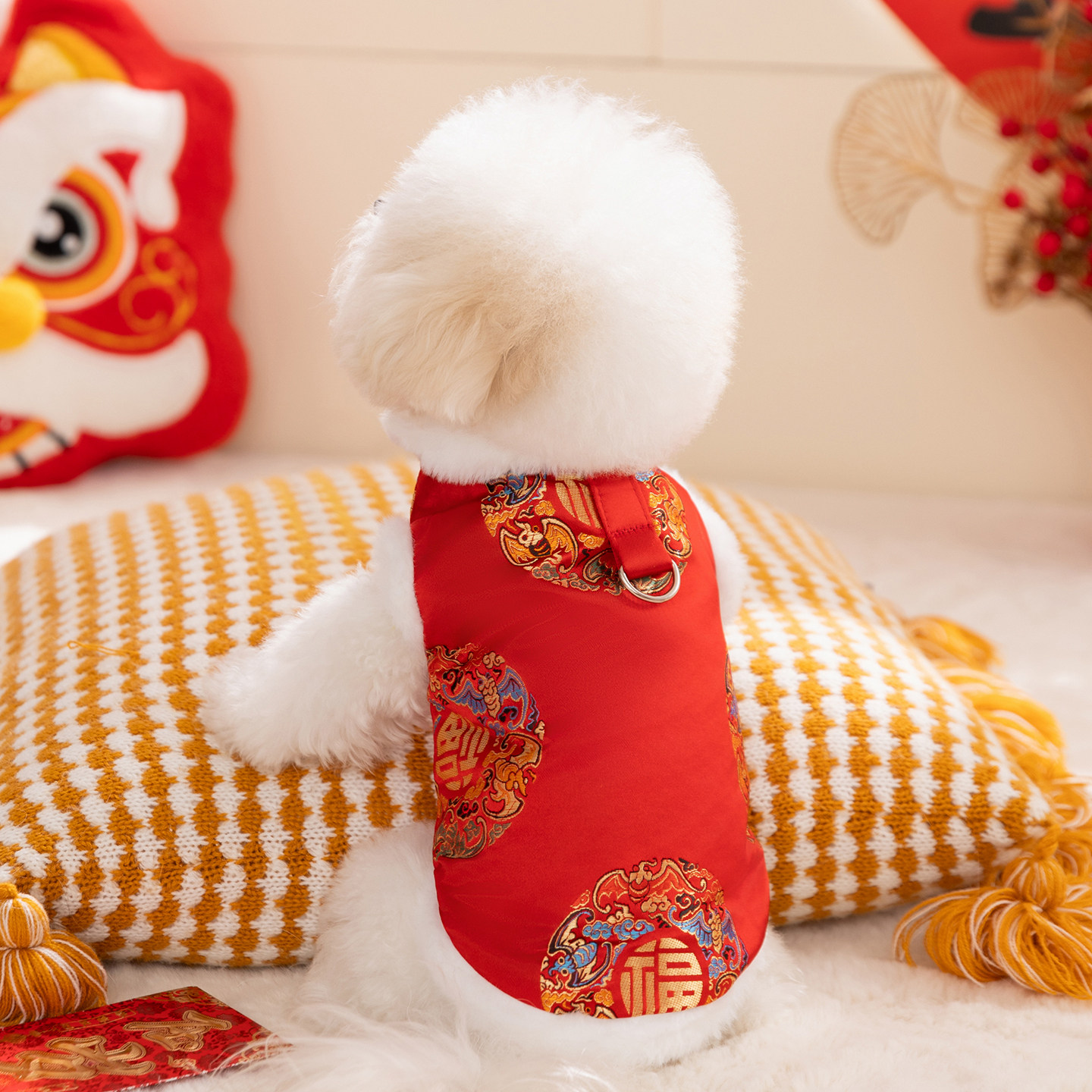 秋冬季狗狗简约五龙团新年马甲中小型犬保暖加厚棉衣过年宠物衣服