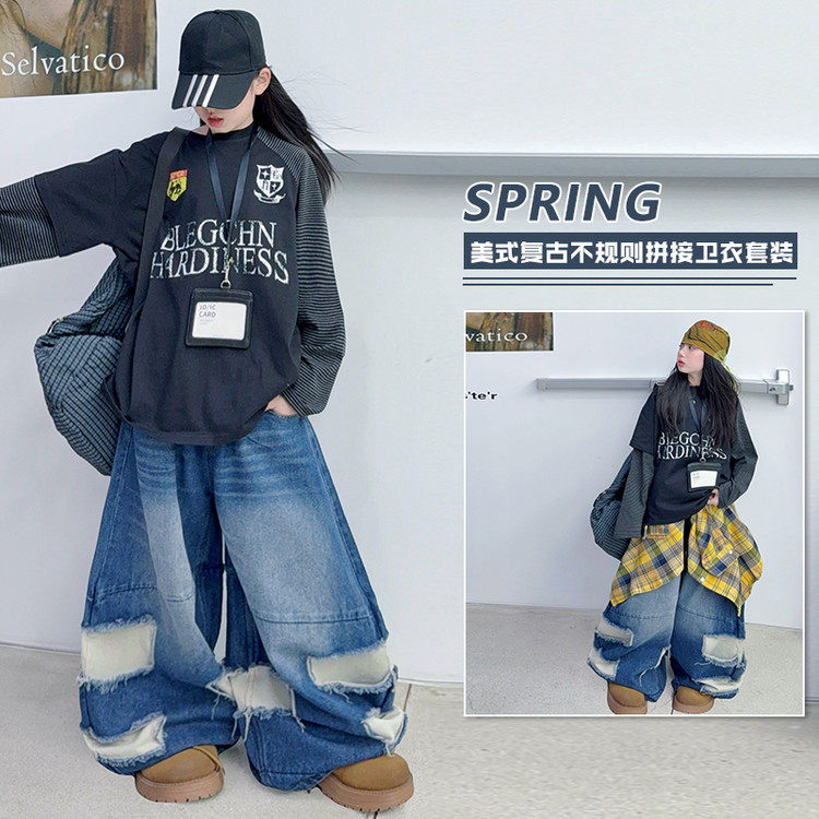 DD26韩版春秋女童拼接棉布牛仔裤T恤卡通动漫儿童运动套装