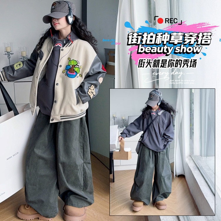 2025秋冬女童韩版绣花棒球服加棉鲨鱼卫衣休闲裤儿童普通外套