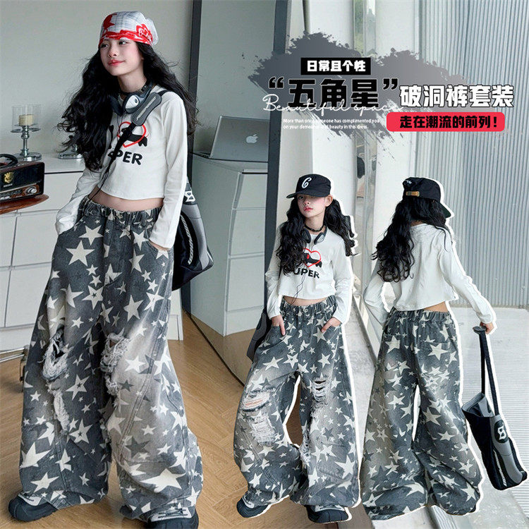 26春秋款女童中大童白色印花T恤五星破洞牛仔裤套装,童装/婴儿装/亲子装,套装,淘宝优惠券,粉丝福利购,淘宝优惠卷