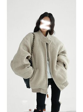 Ace-高级设计夹棉立领圈圈绒毛茸茸外套美式复古宽松廓形棉服上衣