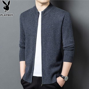 花花公子秋冬加厚羊毛衫男士100%绵羊毛外套拉链开衫打底毛衣