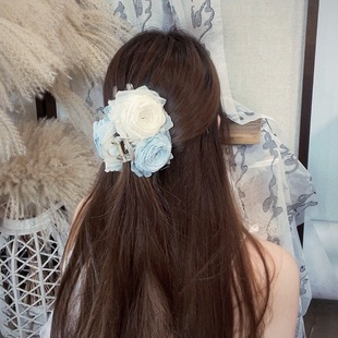 原创夏日古风氛围感美女蓝色系大花朵抓夹禅意玫瑰新中式手作发饰