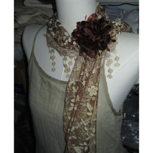 原创设计古着流苏花朵三角蕾丝咖围巾雪纺丝巾复古废土风旅行披肩