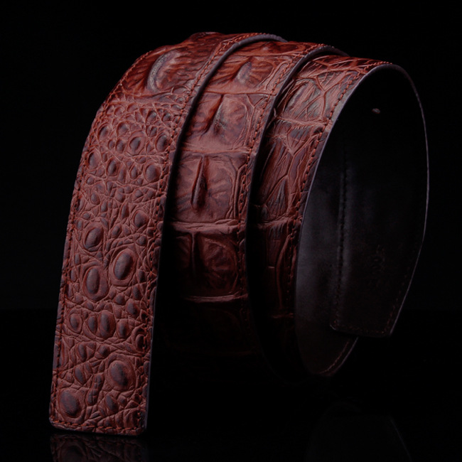 青年男士商务平滑扣用鳄鱼纹无扣头层牛皮皮带条高档压花百搭带身