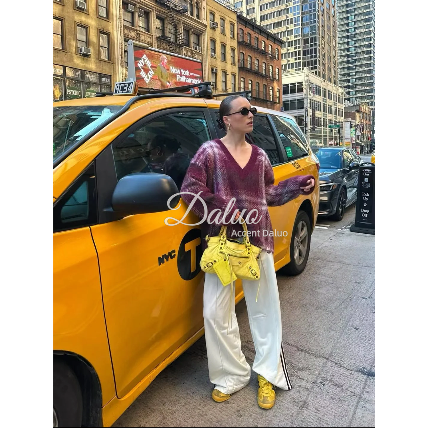 ACCENT DALUO 马海毛羊驼毛混纺晕染大格纹宽松廓形慵懒V领毛衣女